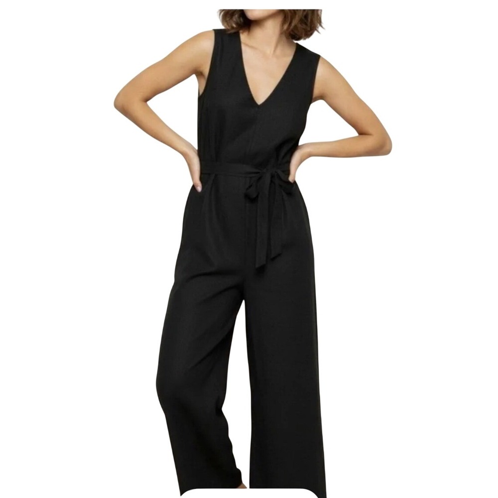 Elizabeth Suzann Mara Sleeveless Black Linen V-Neck Wide Leg Jumpsuit Womens